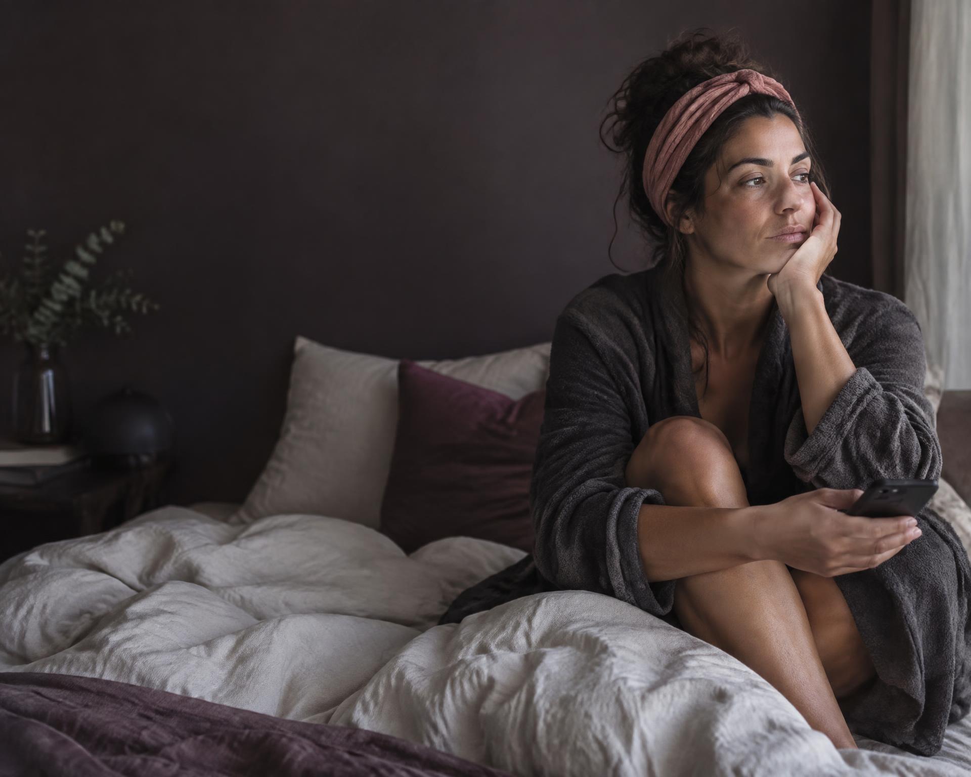 Mulher adulta descansando na cama, com o celular na mão